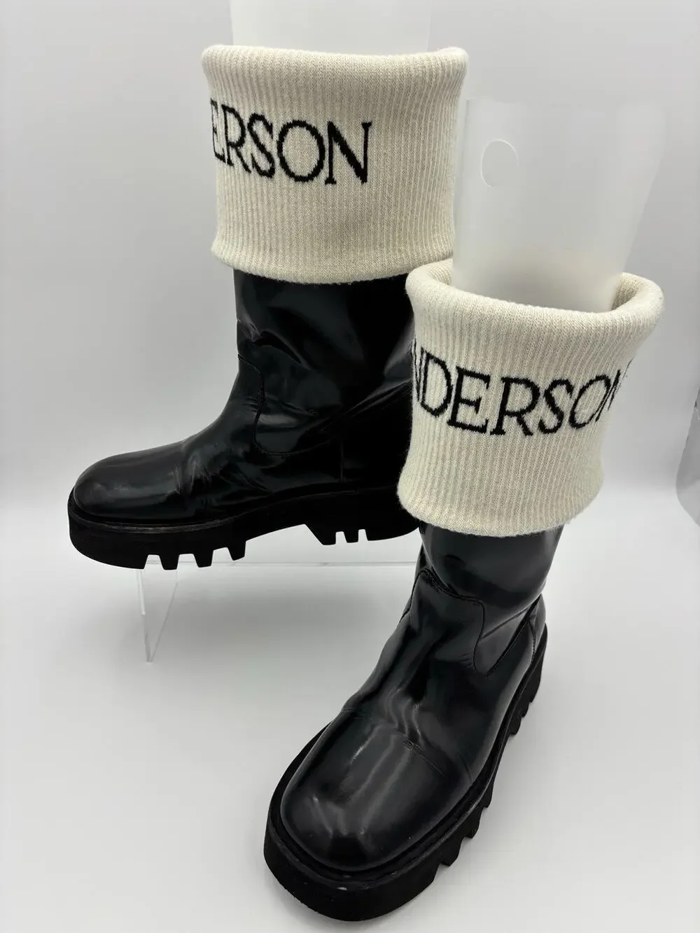 JW Anderson Logo Fisherman Boots Black Patent Leather White Sock Size 39 / 9